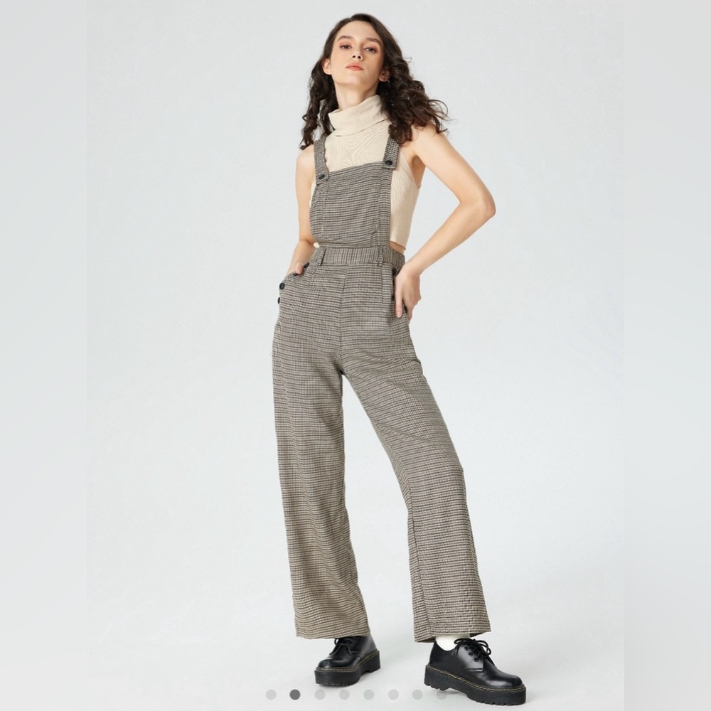 Cider Houndstooth Button Straight Leg Jumpsuit